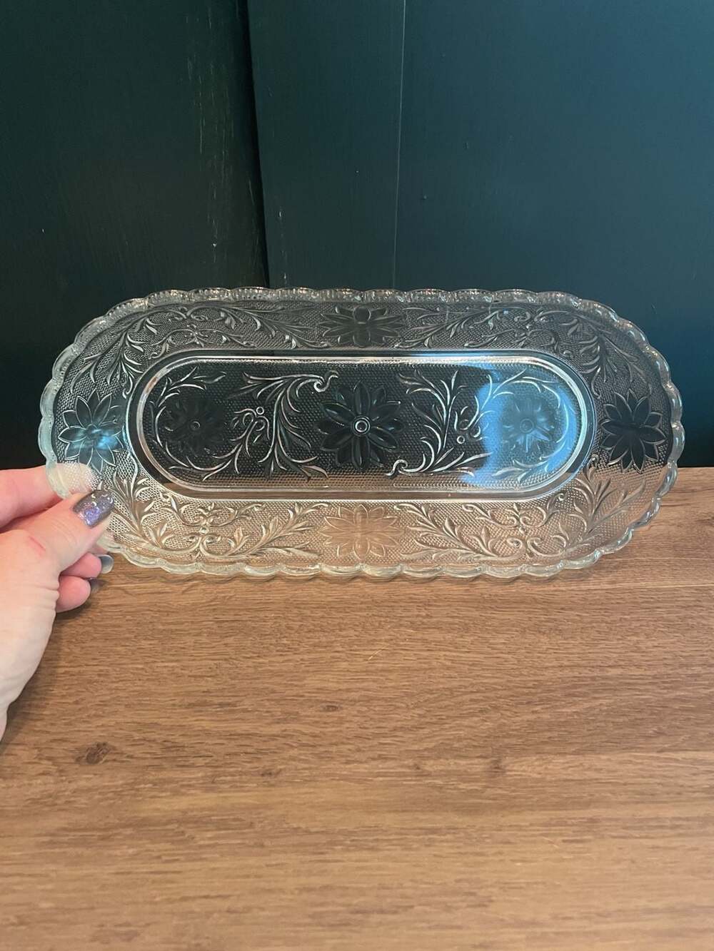 Vintage Indiana Glass Sandwich Clear Celery Dish 10 Inch Scalloped Floral